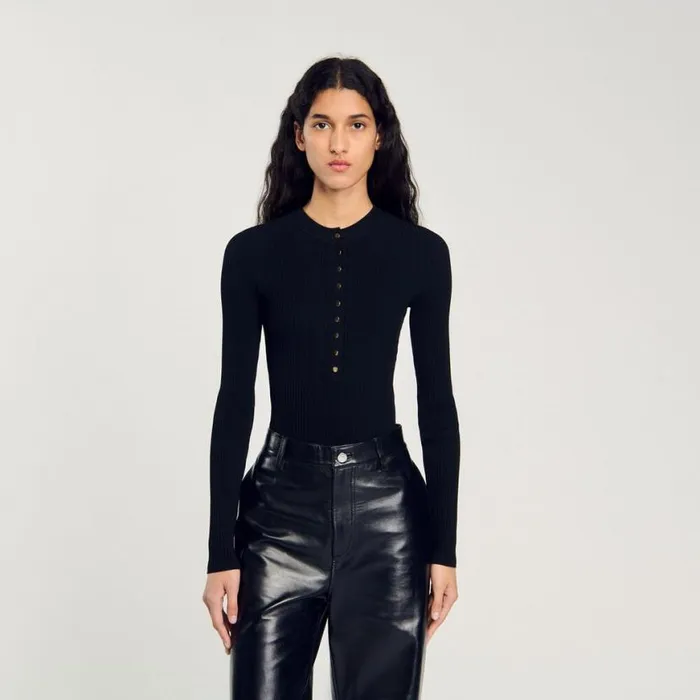 Women Tops and Shirts SANDRO Knit Bodysuit Black Women Tops and Shirts SANDRO Knit Bodysuit Black