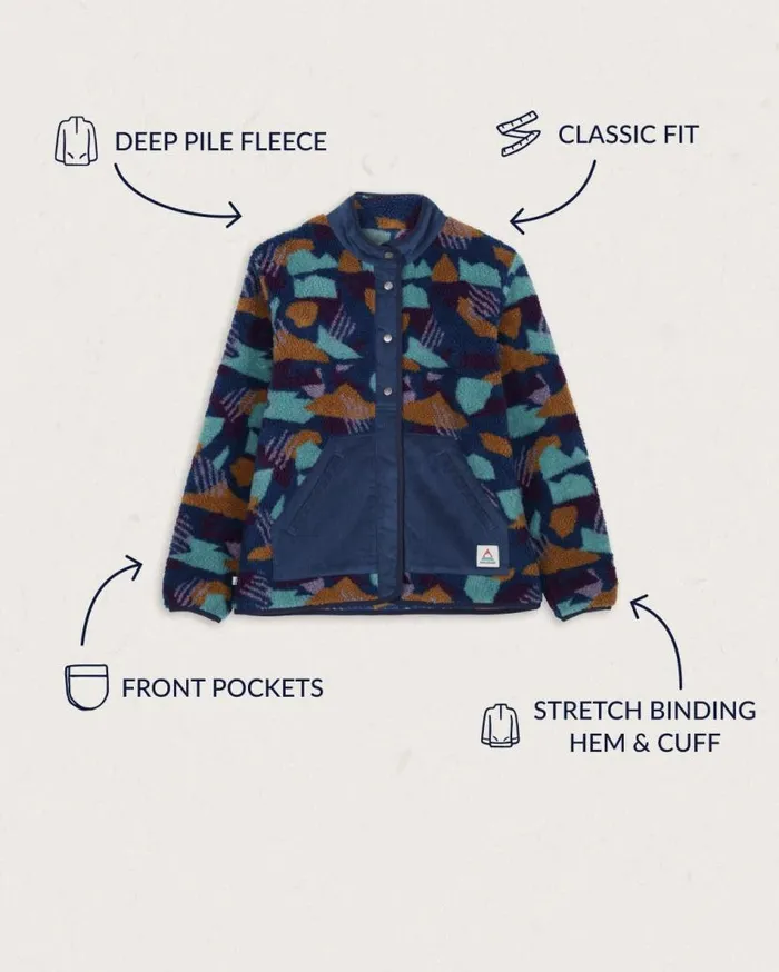 Women Tops Passenger Clover Recycled DeepPile Sherpa Fleece Deep Blue Camo Pattern Deep Blue Camo Pattern