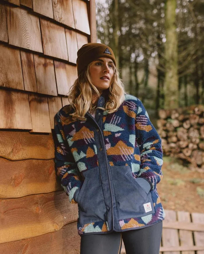 Women Tops Passenger Clover Recycled DeepPile Sherpa Fleece Deep Blue Camo Pattern Deep Blue Camo Pattern
