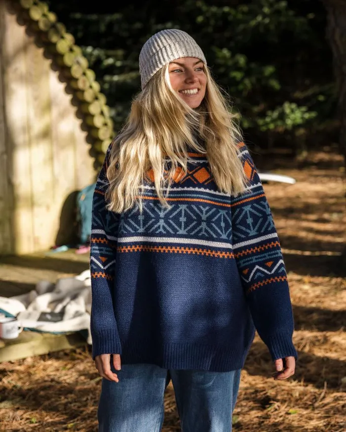 Women Tops Passenger Whimsical Recycled Oversized Polo Neck Knitted Jumper Homespun Stripe Navy Homespun Stripe Navy