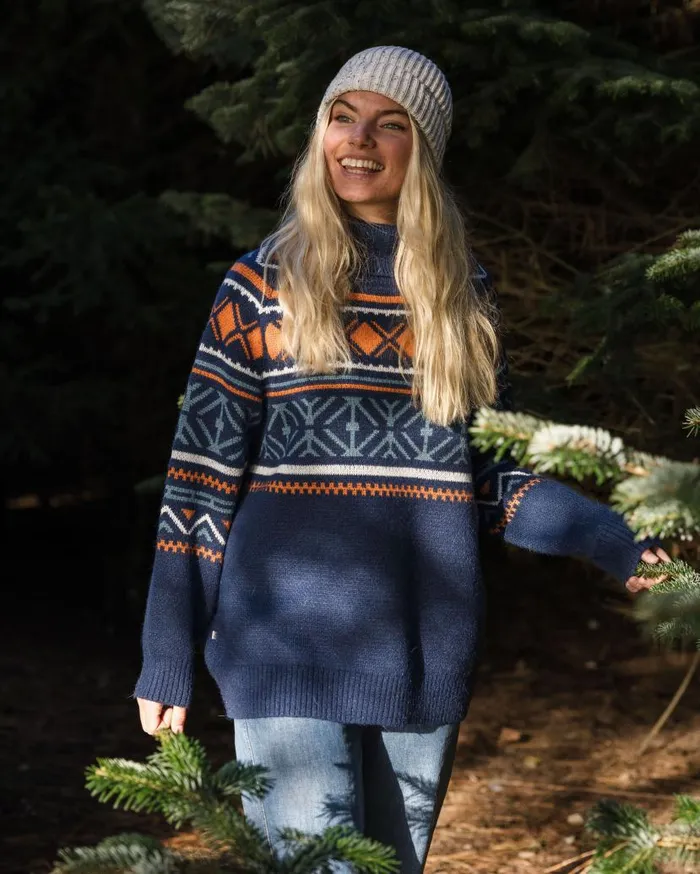 Women Tops Passenger Whimsical Recycled Oversized Polo Neck Knitted Jumper Homespun Stripe Navy Homespun Stripe Navy