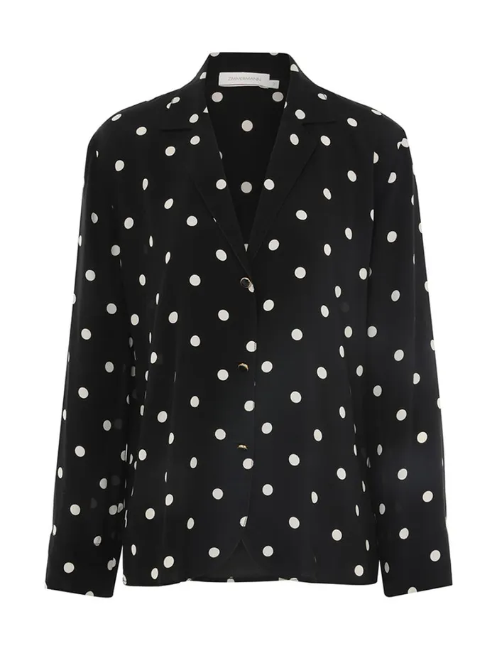 Women Tops Zimmermann Lapel Shirt Black W Cream Dot