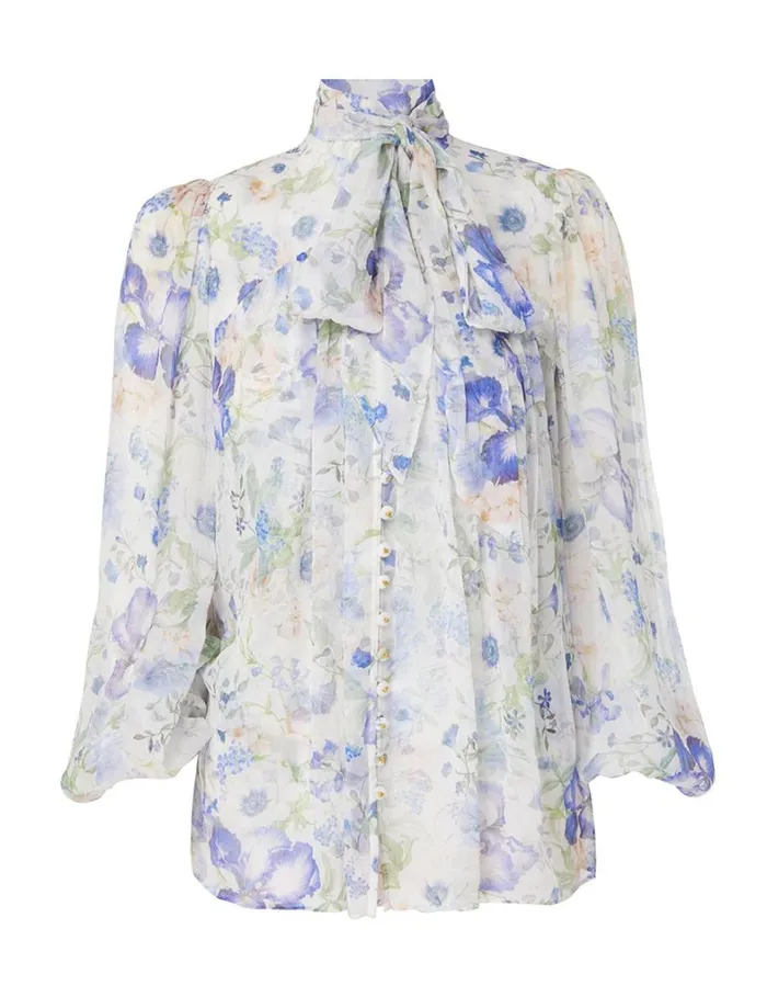 Women Tops Zimmermann Natura Tie Neck Billow Top Blue Garden Print
