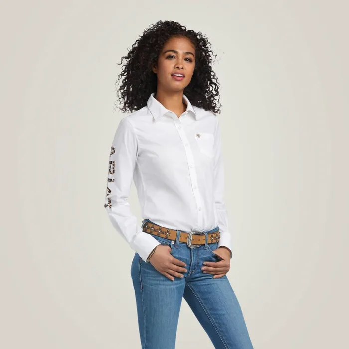 Wrinkle Resist Team Kirby Stretch Shirt White W Leopard Logo Women Ariat TShirts and Tops