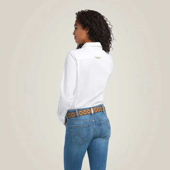 Wrinkle Resist Team Kirby Stretch Shirt White W Leopard Logo Women Ariat TShirts and Tops Wrinkle Resist Team Kirby Stretch Shirt White W Leopard Logo Women Ariat TShirts and Tops