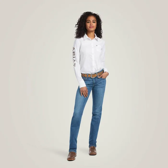 Wrinkle Resist Team Kirby Stretch Shirt White W Leopard Logo Women Ariat TShirts and Tops Wrinkle Resist Team Kirby Stretch Shirt White W Leopard Logo Women Ariat TShirts and Tops