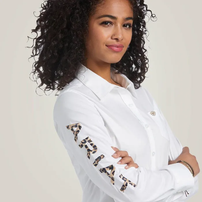 Wrinkle Resist Team Kirby Stretch Shirt White W Leopard Logo Women Ariat TShirts and Tops Wrinkle Resist Team Kirby Stretch Shirt White W Leopard Logo Women Ariat TShirts and Tops