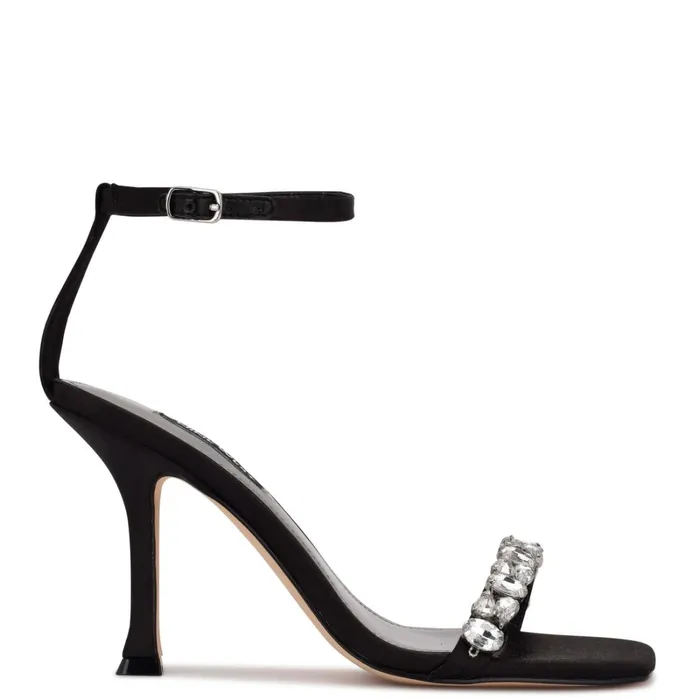 Yazmin Ankle Strap Dress Sandals Black Satin Crystal Women Nine West High Heels