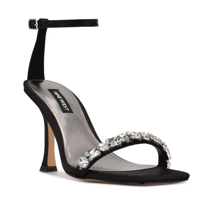 Yazmin Ankle Strap Dress Sandals Black Satin Crystal Women Nine West High Heels