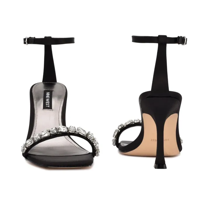 Yazmin Ankle Strap Dress Sandals Black Satin Crystal Women Nine West High Heels