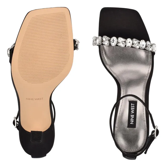 Yazmin Ankle Strap Dress Sandals Black Satin Crystal Women Nine West High Heels