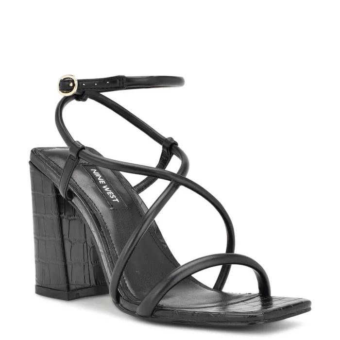 Yeera Strappy Heeled Sandals Black Croco Women Nine West Sandals Yeera Strappy Heeled Sandals Black Croco Women Nine West Sandals