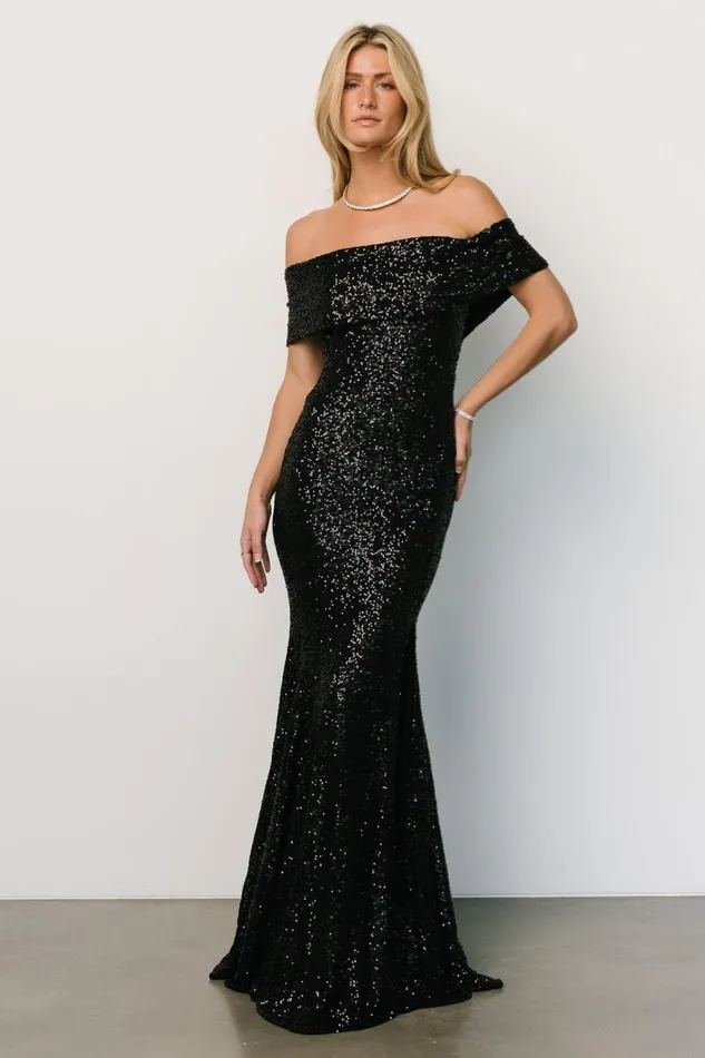 Yvonne Off Shoulder Sequin Gown Black Women Baltic Born Wedding Guest